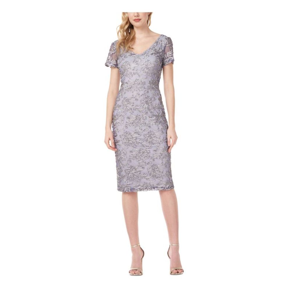 JS COLLECTION Womens Purple Lined Short Sleeve Below The Knee Sheath Dress 12